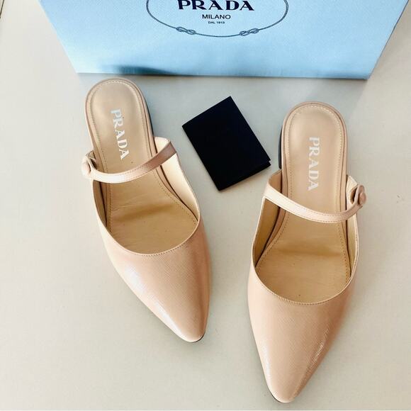 PRADA Nude Cream Beige Patent Leather Strap Pointed Toe Flats Slip On Slides 38 - Picture 6 of 16